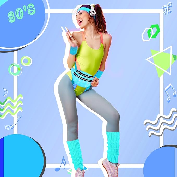 80s Neon Workout Costume Accessories Set 10 PCS Leg Warmers for Women 80s Headband Wristband Fanny Pack for Yoga Running