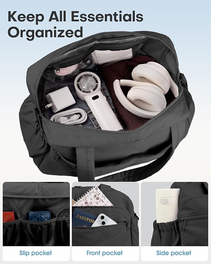 HOTOR Gym Bag for Women - Lightweight Travel Duffle Bags with Wet Pocket & Separate Shoe Bag, Multi-Pocket Carry on Weekender Duffel for Sports, Fitness, Overnight Trip, Black, 16.5" x 7.5" x 11.9"
