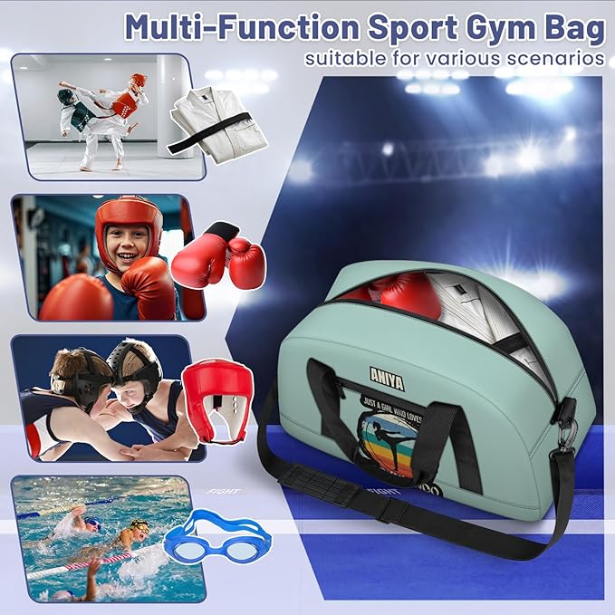Custom Name Taekwondo Karate Duffle Bag for kids Girls - Personalized Martial Arts Gear Bag, Water-Resistant Sparring Equipment Bag, Taekwondo Cyan