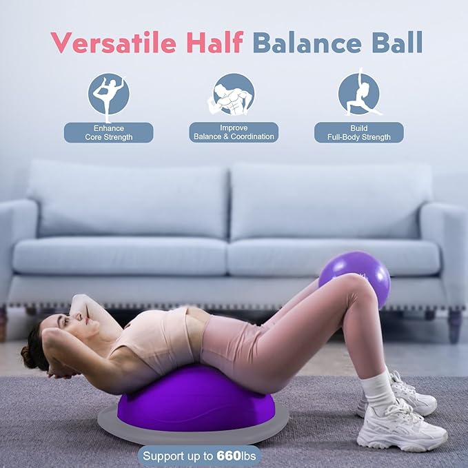Half Balance Ball Trainer, Inflatable 19/23 Inch Half Exercise Ball with Resistance Bands and Pilates Ball, Non-Slip 660lbs Capacity Yoga Ball for Home Gym Full Body Workouts