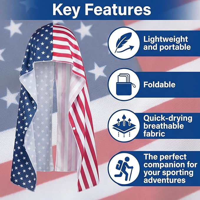 Yi-gog 6Pcs Cooling Hoodie Towel 24"x12" American Flag Ice Cooling Towels UPF 50 Sun Protection Microfiber Absorbent Sweat Rags for Sports Fitness Gym Biking Running