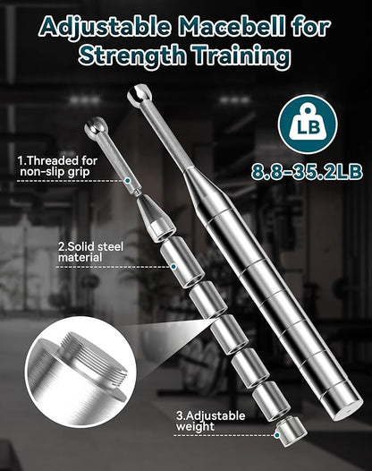 Adjustable Macebell, 6/8/13-in-1 Indian Club Weighted for Strength Training, Shoulder & Grip Workouts, Progressive Weight System