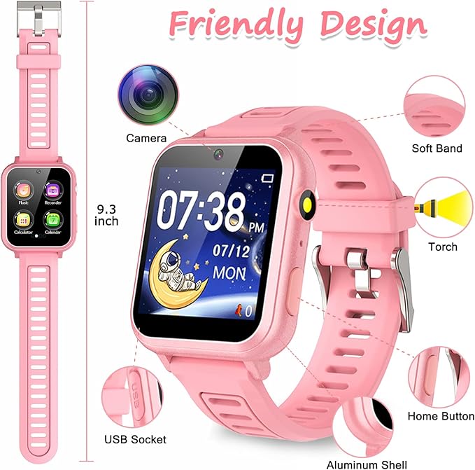 Smart Watch for Kids Gift for Girls Age 5-12, 1.54" Touch Screen Watch with HD Camera Video 39 Games Music Pedometer Flashlight Alarm Clock, Gifts for 7 8 9 10 Year Old Girls Boys