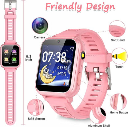 Smart Watch for Kids Gift for Girls Age 5-12, 1.54" Touch Screen Watch with HD Camera Video 39 Games Music Pedometer Flashlight Alarm Clock, Gifts for 7 8 9 10 Year Old Girls Boys