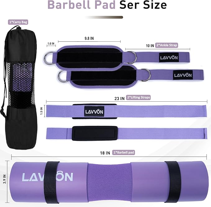 Squat Pad Set - Foam Barbell Pad for Squats Cushion, Lunges & Bar Padding for Hip Thrusts - Standard Olympic Weight Bar Pad - With Ankle Straps, Wrist Straps for Weightlifting