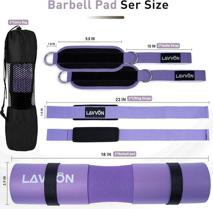 Squat Pad Set - Foam Barbell Pad for Squats Cushion, Lunges & Bar Padding for Hip Thrusts - Standard Olympic Weight Bar Pad - With Ankle Straps, Wrist Straps for Weightlifting