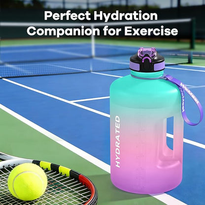 Gallon Sport Water Jug with Time Marker and non-slip handle, Sports Motivational Water Bottle, Wide Mouth with Easy Clean Brush for Outdoor, Fitness, Gym