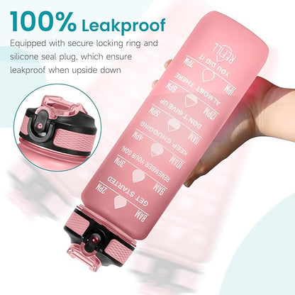 32 oz Water Bottles with Times to Drink and Straw, Motivational Water Bottle with Time Marker, Leakproof & BPA Free, Drinking Sports Water Bottle WIth Hand Strap for Fitness, Gym & Outdoor (pink)