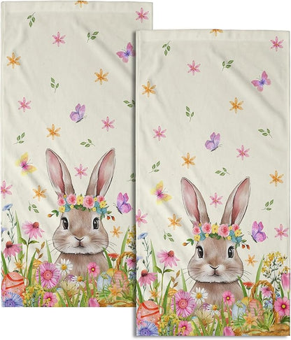 Cute Bunny Hand Towels for Bathroom 14"x28" Set of 2 Happy Easter Rabbit Kitchen Towel Spring Flower Butterfly Bath Towels Super Soft Absorbent Tea Dish Towels for Yoga Gym Bath Shower