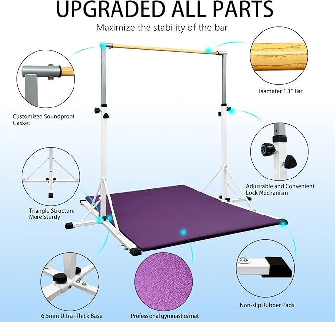 86 York Gymnastics Bar for Kids Ages 3-20, 5FT Base Length, 42" to 63" Adjustable Height, Horizontal Bar, Kip Bar for Gymnast, Gymnastic Training Equipment for Home, Gym Center