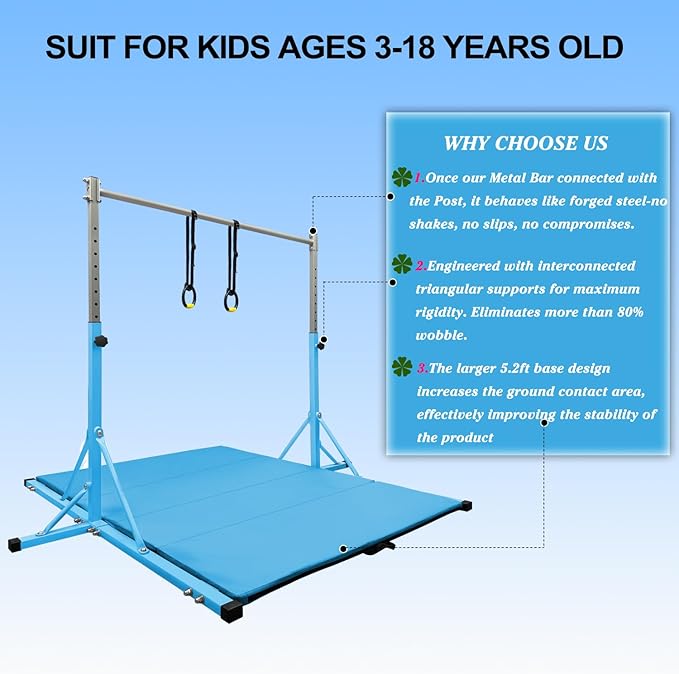 Gymnastics Bar for Kids Girls Ages 3-15 with Ring for Home Indoor Training Equipment- Steady Steel Construction, Anti-Slip, Easy to Assemble, 3' to 5' Adjustable Height