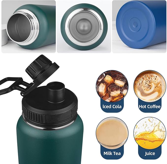 Insulated Water Bottle with Straw&2 Lids 32oz Metal Water Bottle Leakproof Travel Stainless Steel Water Bottles Reusable Double Wall Gym Sports Cup Flask for Camping Hiking, Green Blue
