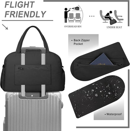 Sports Gym Bag for Women, Lightweight Travel Duffle Bags with Shoe Compartment & Wet Pocket, Weekender Overnight Bag Fitness Workout Bag with Toiletry Bag (Black)