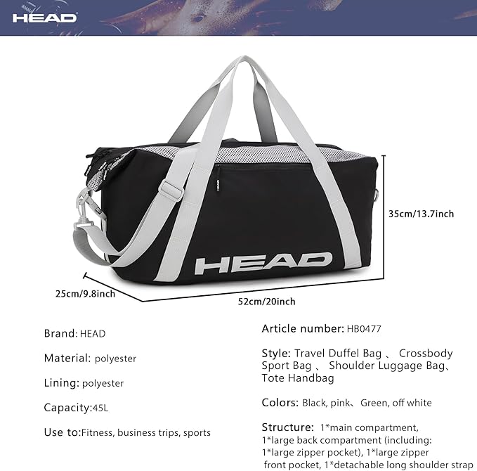 HEAD 45L Pink Waterproof Gym Duffel Bag for Women, Large Capacity Weekender Overnight Bag with Detachable Strap, Lightweight Travel Tote for Fitness, Yoga & Business Trips