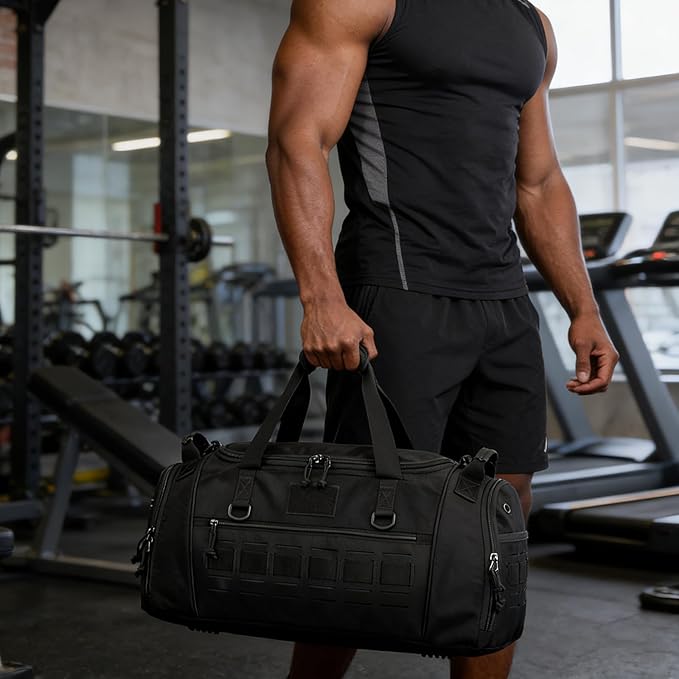Gym Bag for Men Women 45L Sports Duffle Bag for Travel Tactical Military Duffel Bag with Shoe & Laptop Compartment Lightweight Medium Weekender Travel Bags for Fitness Training Workout, Black