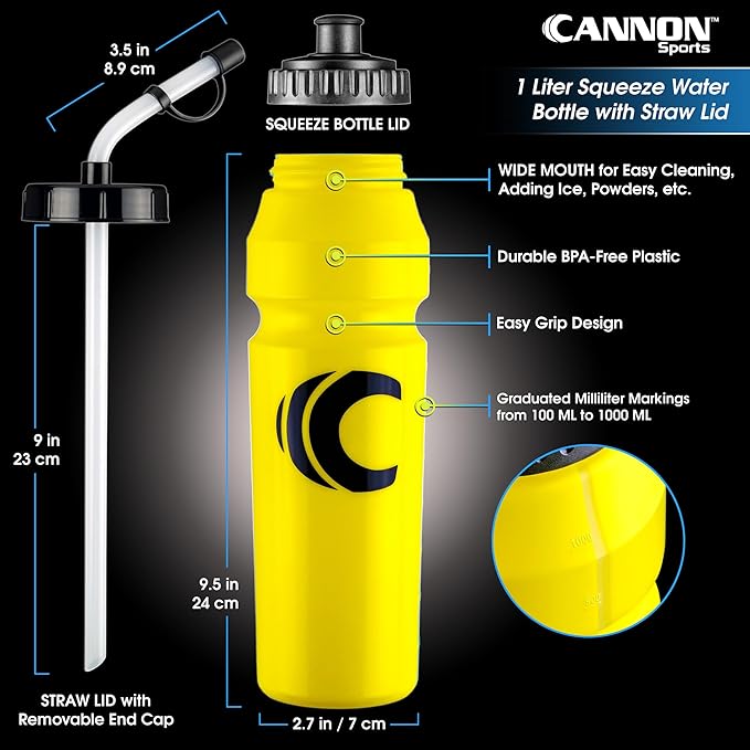 Cannon Sports 1 Liter Sports Water Bottle, BPA-Free, 34oz Capacity, Large Mouth, 2 lids (Straw & Squeeze) with Carrier, Great For Helmet Sports Such As Hockey, Lacrosse, Football, Boxing (Yellow)
