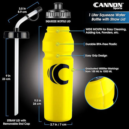 Cannon Sports 1 Liter Sports Water Bottle, BPA-Free, 34oz Capacity, Large Mouth, 2 lids (Straw & Squeeze) with Carrier, Great For Helmet Sports Such As Hockey, Lacrosse, Football, Boxing (Yellow)