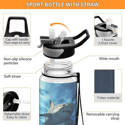Fustylead Underwater Sharks Circling 32oz Water Bottle with Straw, Leakproof Clear Sport Water Bottles for Gym Camping Hiking Travel