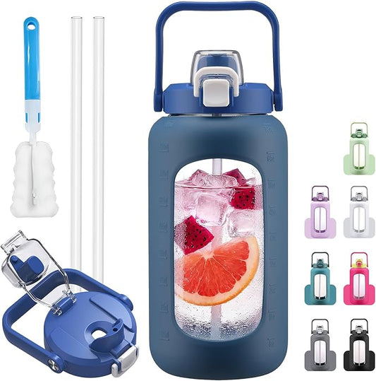 72oz Glass Water Bolttles, 3-in-1 Straw and Sip Spout Handle Lid, Half Gallon Water Bottle with Time Marker and Silicone Sleeve, BPA-Free Sports Water Bottle for Gym, School, DBlue