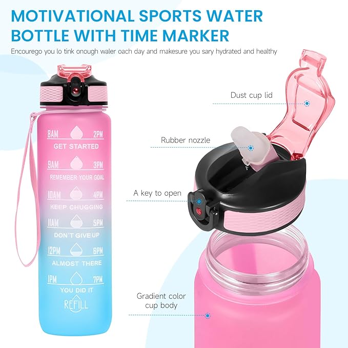 32 oz Water Bottles with Times to Drink and Straw, Motivational Water Bottle with Time Marker, Leakproof & BPA Free, Drinking Sports Water Bottle WIth Hand Strap for Fitness, Gym & Outdoor (pink-1)