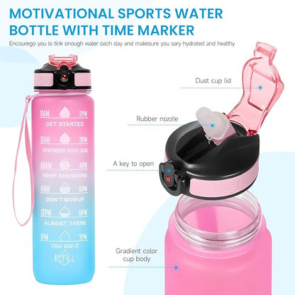 32 oz Water Bottles with Times to Drink and Straw, Motivational Water Bottle with Time Marker, Leakproof & BPA Free, Drinking Sports Water Bottle WIth Hand Strap for Fitness, Gym & Outdoor (pink-1)