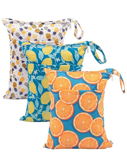 babygoal Wet Dry Bags for Baby Cloth Diapers, Washable Travel Bags, Beach, Pool, Gym Bag for Swimsuits & Wet Clothes with Two Zippered Pockets 3 Pack, 3LN22
