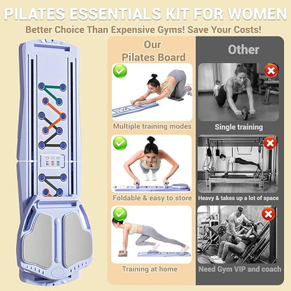 Pilates Board for Home Workout with Mat, Bar, Slider and Resistance Bands, Foldable Portable Pilates Reformer Machine Kit for Women, Multifunctional Pilates Equipment for Gym Office Exercise