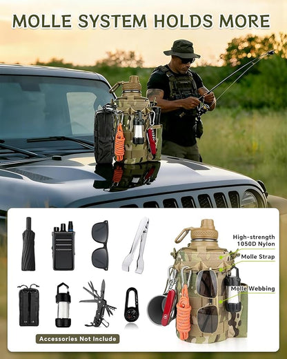 COOLYARD Half Gallon Water Bottle Insulated with Sleeve-64 oz Stainless Steel Water Jug with Strap Paracord Handle Metal Sport GYM Water Bottles for Men Women Hunting Hiking Travel Biking Camo CP
