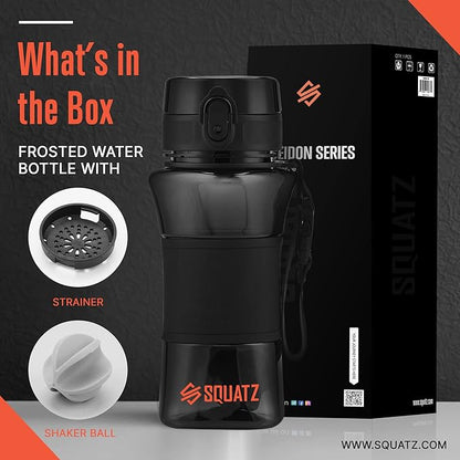 SQUATZ 17 Oz Poseidon Series Water Bottle for Protein and Fruit Shakes - Premium Quality Wide Mouth Gym Flask Fruit Infuser Strainer, Carrying Strap, Leak Resistance, No Condensation Sleeve, Black