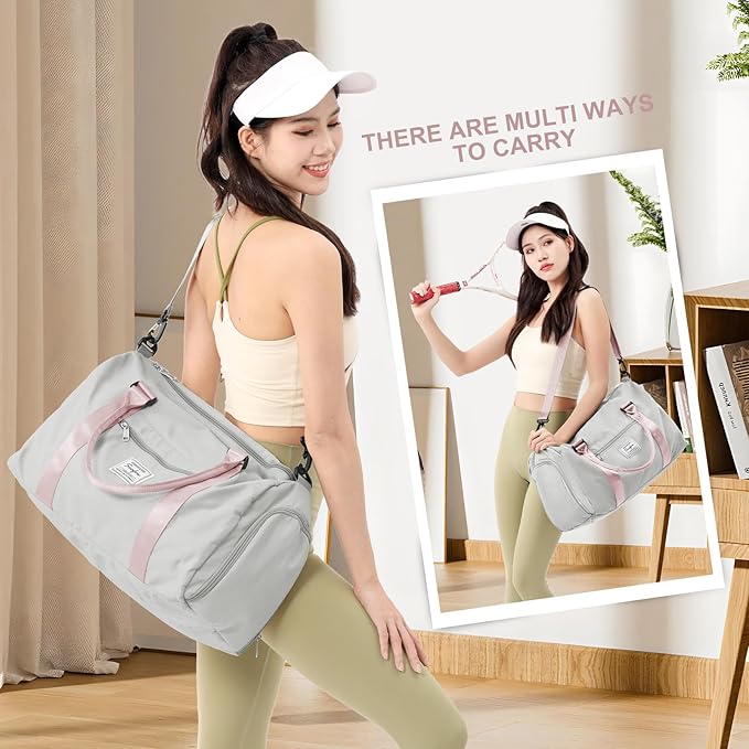 Gym Bag for Women Men with Shoes Compartment,Sports Duffle Bag Personal item travel Duffel Bags Tote Bag Small Carry on Weekender Overnight Bag Workout Dance Bag Hospital Holdalls Grey Pink