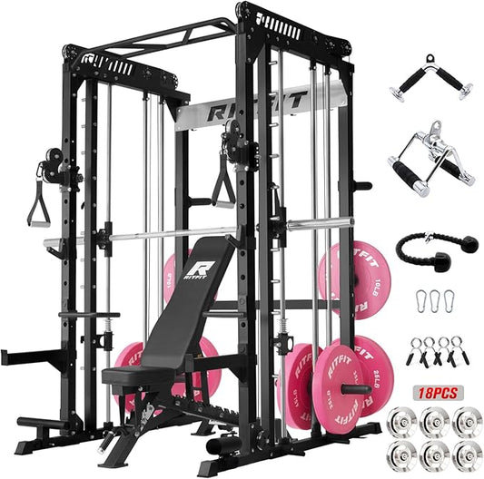 RitFit M1 Pro Smith Machine with Cable Crossover System, Multi-Function Squat Rack Power Cage for Home Gym, Power Rack and Packages