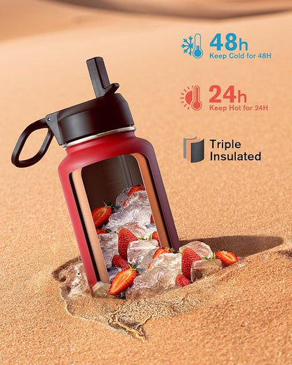 Coolflask Water Bottle 40 oz Insulated with Straw, Stainless Steel Metal 3 Lids Water Flask for Sports or Office, Keep Cold 48H Hot 24H, Red