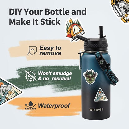 32 oz Insulated Water Bottle with Straw, Stainless Steel Triple Wall Vacuum Sports Water Jug, Leakproof Hydro Cup Flask with Paracord Handle & Straw Spout Lids & DIY Stickers