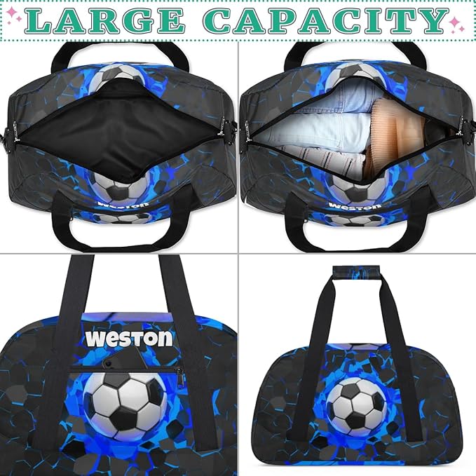 Custom Name Sports Bag for Kids Boys, Personalized Gym Duffel Fitness Travel Weekender Tote Carry-On Training Perform Bag, Soccer Black Blue