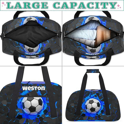 Custom Name Sports Bag for Kids Boys, Personalized Gym Duffel Fitness Travel Weekender Tote Carry-On Training Perform Bag, Soccer Black Blue