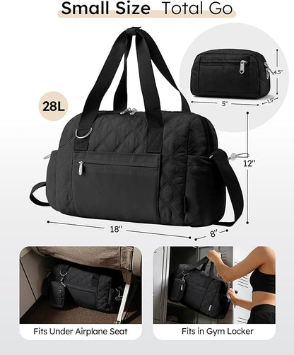 Puffer Gym Bag for Women, Quilted Weekender Bag for Travel, Lightweight Carry on Duffle for Sports Workout Dance Ballet Yoga Gymnastics Hospital with Wet Pocket, Black