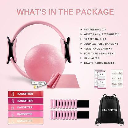 Pilates Equipment Kit for Home Workout, Pilates Ring and Ball Set with Adjustable Ankle Wrist Weights, Resistance Bands, Tape Measure, Bag, Pilates Essentials Accessories for Women Yoga