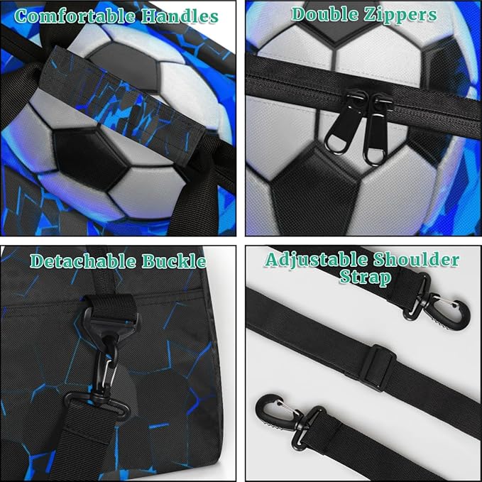Sports Bag for Kids Boys, Soccer Ball Blue Black Sports Gym Duffel Fitness Bags Travel Weekender Tote Carry-On Training Perform Bag