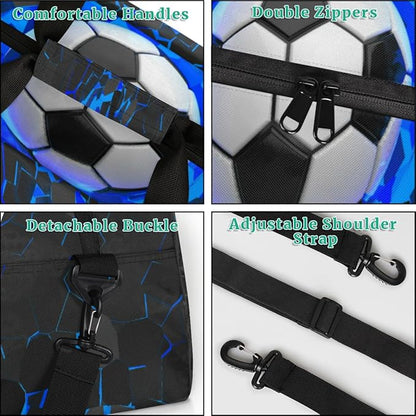 Sports Bag for Kids Boys, Soccer Ball Blue Black Sports Gym Duffel Fitness Bags Travel Weekender Tote Carry-On Training Perform Bag