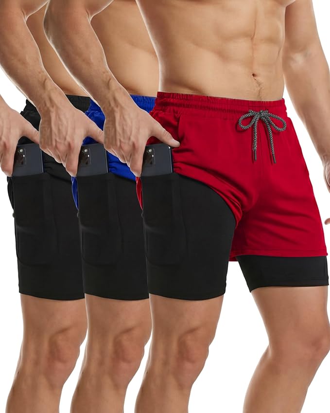 Sureio 3 Pcs Men's 2 in 1 Workout Running Shorts 5 Inch Quick Dry Athletic Gym Shorts with Liner and Side Pockets Towel Loop