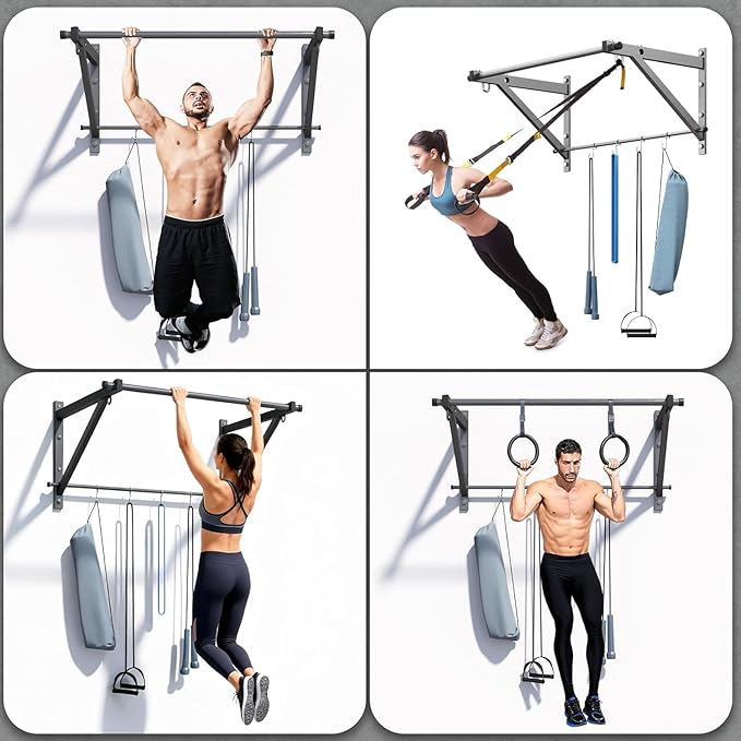 Wall Mounted Pull Up Bar, Strength Training Chin Up Bar with Hooks, Adjustable Depth Pull-up Bar with 500LBS Weight Capacity, Heavy Duty Gym Home Training