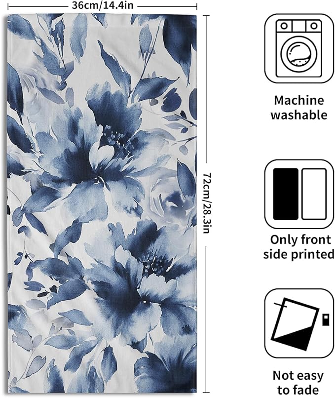 Navy Blue Flower Hand Towels Set of 2, Modern Ink Floral Face Towel 28X14 inch, Watercolor Botanical Floral Kitchen Dish Towels Quick Dry Super Absorbent Soft Washcloths for Bathroom Yoga Workout Gym