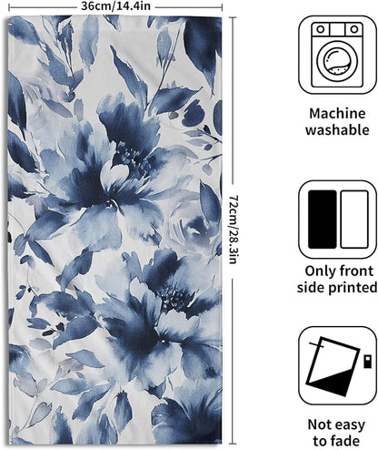 Navy Blue Flower Hand Towels Set of 2, Modern Ink Floral Face Towel 28X14 inch, Watercolor Botanical Floral Kitchen Dish Towels Quick Dry Super Absorbent Soft Washcloths for Bathroom Yoga Workout Gym