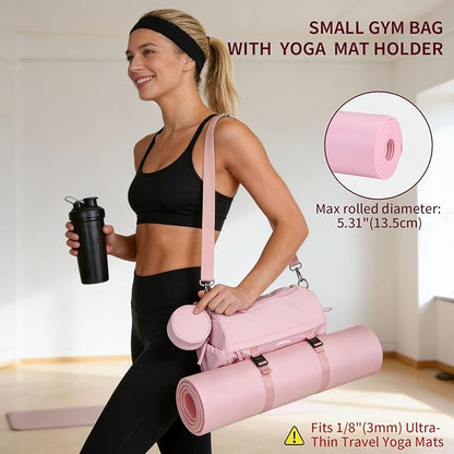Small Gym Bag for Women Men, Mini Crossbody Travel Duffle Bag with Wet Compartment and Yoga Mat Strap, Compact Workout Bag for Sports Dance Swimming, Daily Commuting (Pink)