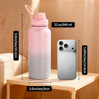Water Bottle 32oz - Leakproof & BPA Free Sports Water Bottle Carry Strap for Gym, Travel and Outdoor Sports (Stainless steel insulation-Pink)