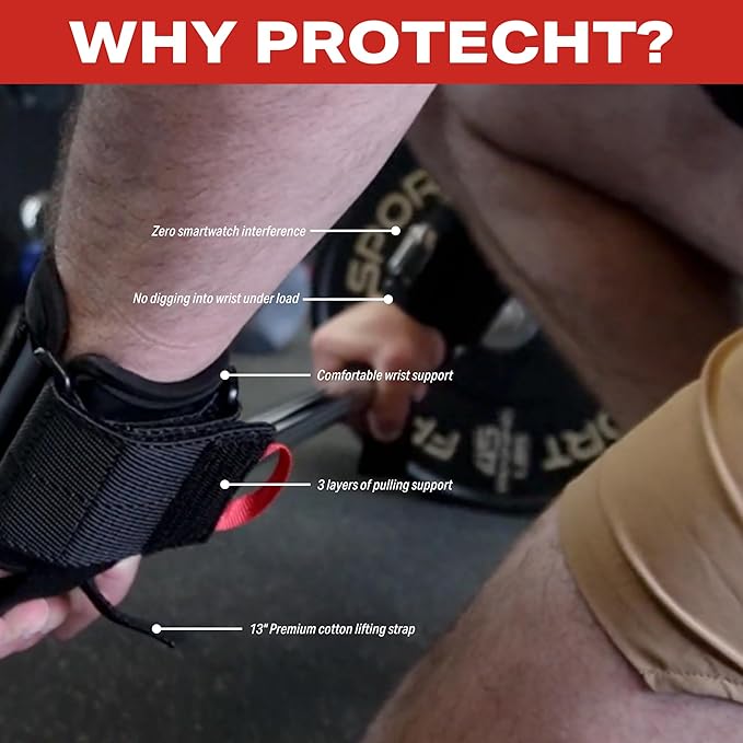 PROTECHT Lifting Wrist Straps for Weightlifting with Smartwatch, Bodybuilding, Powerlifting, Strength Training - Lifting with Apple Watch - Padded with Cotton Strap and Wrist Support for Hard Pull