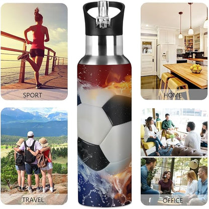 Space Fire Water Soccer Water Bottle Vacuum Insulated Stainless Steel Mug Kids Water Bottle with Straw and Handle Keep Hot Cold Sport Bike Fit Travel Outdoor 20 oz