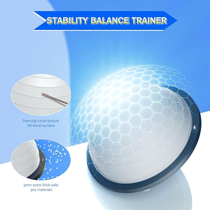 Half Balance Ball Trainer - 23 Inch Half Exercise Ball for Workout, Physical Therapy, Yoga, Home Gym, Core Strength, Stability, Fitness, Balance Training Equipment with Resistance Bands, Foot Pump