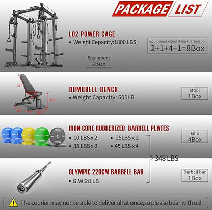 Power Cage Multi-Function Power Rack with Cable Crossover System,1800 LBS Capacity Squat Rack with Weight Bench,for Home Gym
