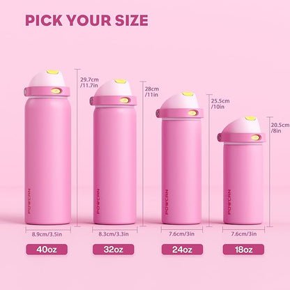 POWCAN 18 oz Steel Water Bottle: 2-in-1 Push-Button Spout & Quick-Flip Straw, Leakproof, Cold 24Hrs, Fits Car Cup Holder, Insulated Cup for Sports, Travel, School, Gift for Women, Girls (Rose Slumber)